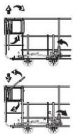 Diagram showing two scenarios of a vehicle or transport system with labeled components and directional arrows indicating motion.