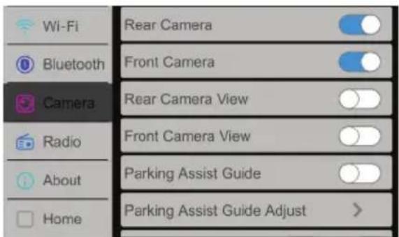 Wi-Fi Bluetooth Camera Radio About Home Rear Camera Front Camera Rear Camera View Front Camera View Parking Assist Guide Parking Assist Guide Adjust