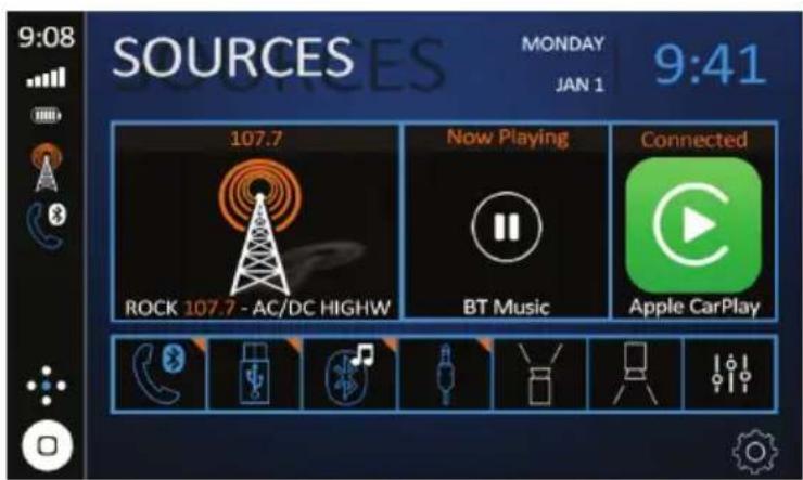 9:08 SOURCES MONDAY 9:41 JAN 1 107.7 Now Playing Connected ROCK 107.7 - AC/DC HIGHW BT Music Apple CarPlay