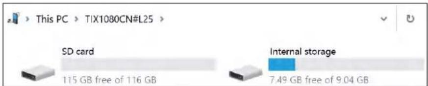 This PC > TIX1080CN#L25 > SD card 115 GB free of 116 GB Internal storage 7.49 GB free of 9.04 GB