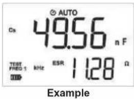 © AUTO Cx 49.56 n F TEST ESR 1128 Ω FREQ-1 kHz 0000