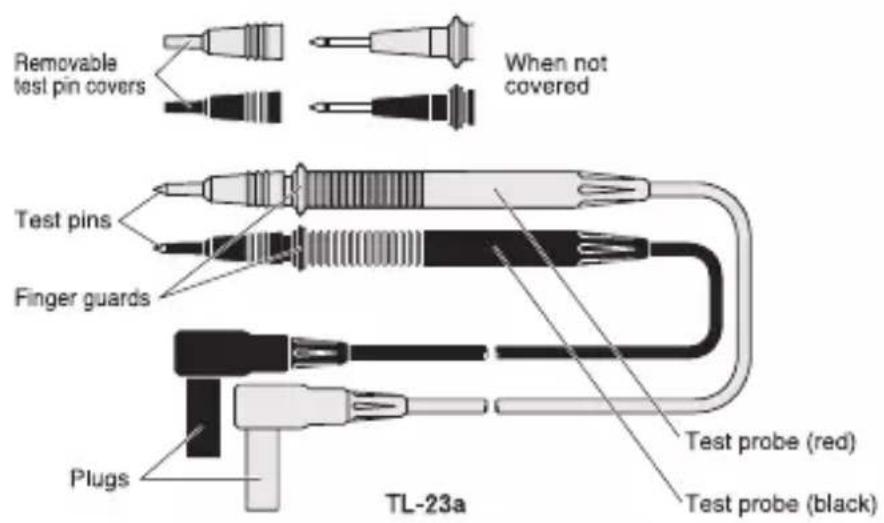 Removable test pin covers When not covered Test pins Finger guards Plugs TL-23a Test probe (red) Test probe (black)