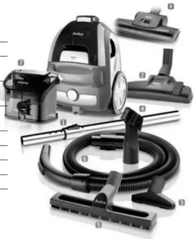 Product photo of a vacuum cleaner with numbered parts including a vacuum cleaner, brush holder, and hose (no visible text or labels)