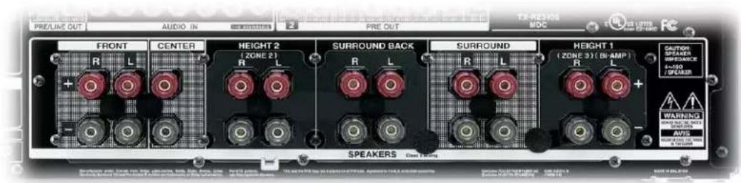 PRE/LINE OUT AUDIO IN PRE OUT TX-REACH MOC FRONT CENTER HEIGHT 2 (ZONE 2) SURROUND BACK SURROUND HEIGHT 1 (ZONE 3) (BR-AMP) SPEAKERS Cass Rating WARNING AVPS BLUELED NO. 10000 R L R L R L R L + - + - + - + - SPEAKERS