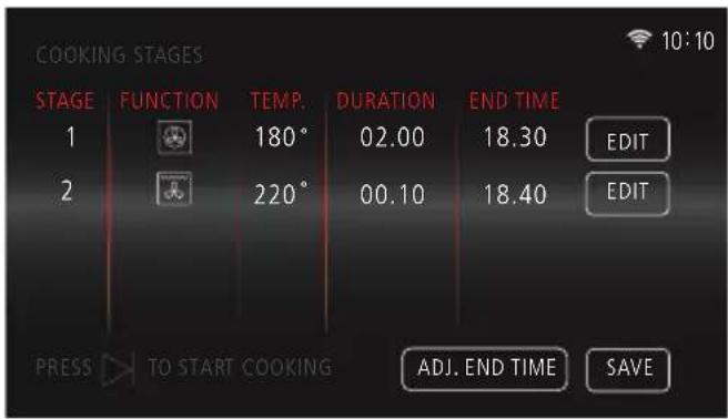 COOKING STAGES STAGE FUNCTION TEMP. DURATION END TIME 1 180° 02.00 18.30 EDIT 2 220° 00.10 18.40 EDIT PRESS TO START COOKING ADJ. END TIME SAVE