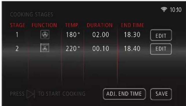 COOKING STAGES STAGE FUNCTION TEMP DURATION END TIME 1 180° 02.00 18.30 EDIT 2 220° 00.10 18.40 EDIT PRESS TO START COOKING ADJ. END TIME SAVE