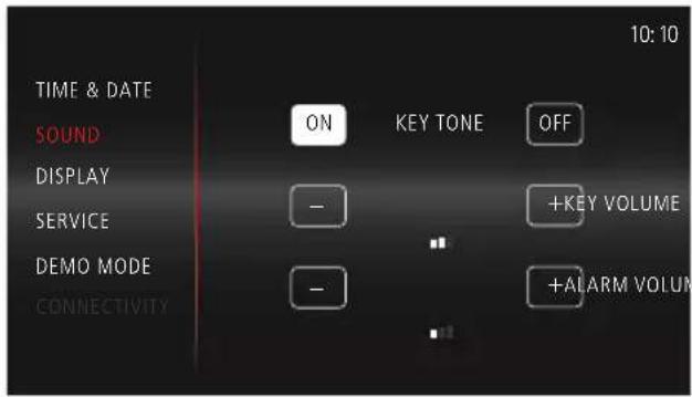 TIME & DATE SOUND ON KEY TONE OFF DISPLAY SERVICE - +KEY VOLUME DEMO MODE - +ALARM VOLUME CONNECTIVITY