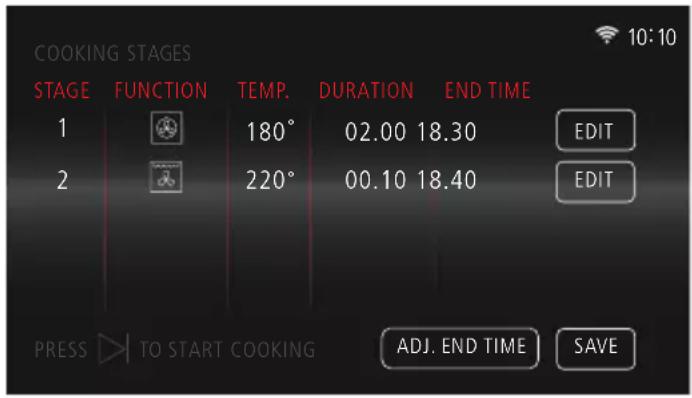 COOKING STAGES STAGE FUNCTION TEMP. DURATION END TIME 1 180° 02.00 18.30 EDIT 2 220° 00.10 18.40 EDIT PRESS TO START COOKING ADJ. END TIME SAVE