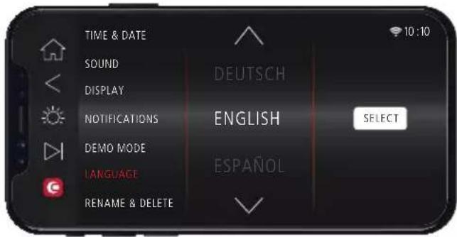TIME & DATE SOUND DISPLAY NOTIFICATIONS DEUTSCH ENGLISH SELECT DEMO MODE LANGUAGE ESPAÑOL RENAME & DELETE