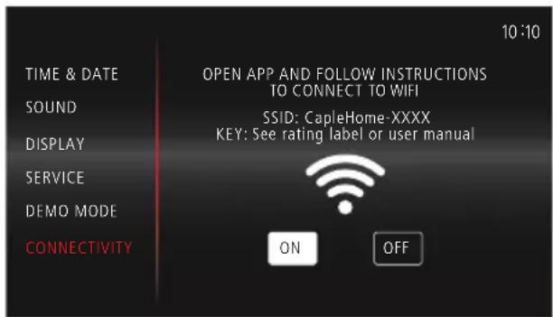 TIME & DATE SOUND DISPLAY SERVICE DEMO MODE CONNECTIVITY 10:10 OPEN APP AND FOLLOW INSTRUCTIONS TO CONNECT TO WIFI SSID: CapleHome-XXXX KEY: See rating label or user manual ON OFF