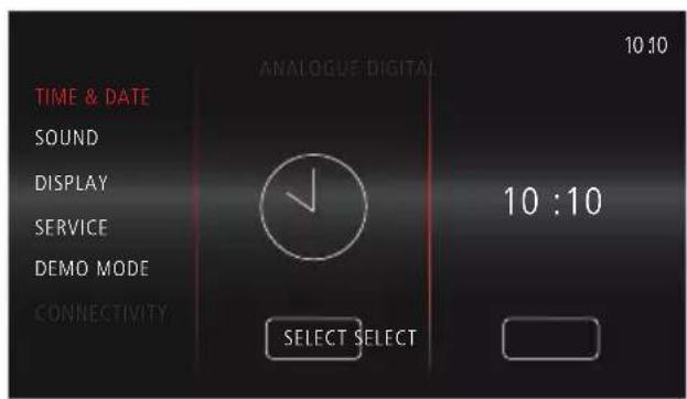 TIME & DATE SOUND DISPLAY SERVICE DEMO MODE CONNECTIVITY ANALOGUE DIGITAL 10:10 10 : 10 SELECT SELECT