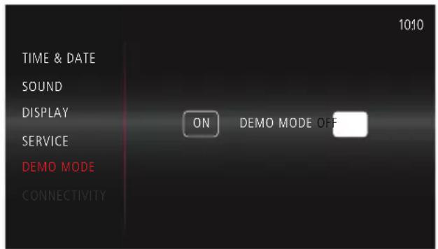 TIME & DATE SOUND DISPLAY SERVICE DEMO MODE CONNECTIVITY ON DEMO MODE OFF 1010