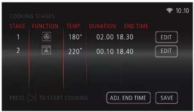 COOKING STAGES STAGE FUNCTION TEMP. DURATION END TIME 1 180° 02.00 18.30 EDIT 2 220° 00.10 18.40 EDIT PRESS TO START COOKING ADJ. END TIME SAVE