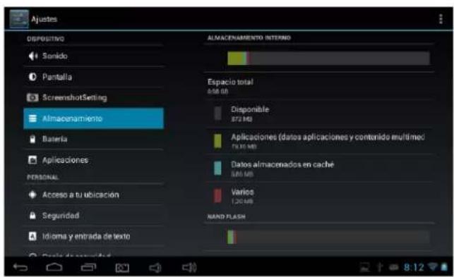 Ajustes DISPOSITIVO Sonido Pantalla ScreenshotSetting Almacenamiento Bateria Aplicaciones PERSONAL Acceso a tu ubicacion Segundad Idioma y entrada de texto ALMACENAMIENTO INTERNO Espacio total 0,00 GB Disponibile 372 MB Aplicaciones (datos aplicaciones y contenido multimed) 19,85 MB Datos almacenados en cache 3,85 MB Varios 1,20 MB NAND FLASH