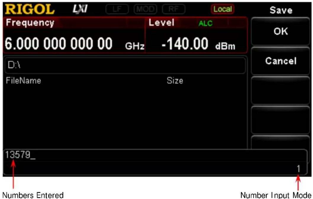 RIGOL LXI LF MOD RF Local Frequency Level ALC 6.000 000 000 00 GHz -140.00 dBm D:\ FileName Size 13579_ Numbers Entered 1 Number Input Mode Save OK Cancel 1