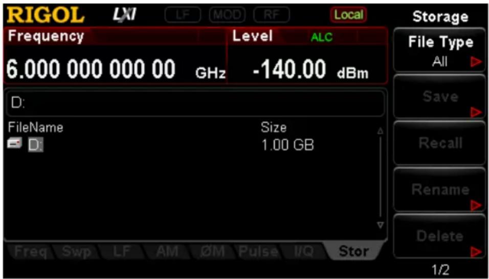 RIGOL LMI LF MOD RF Local Frequency Level ALC 6.000 000 000 00 GHz -140.00 dBm D: FileName Size 1.00 GB Freq Swp LF AM ∅M Pulse I/Q Stor Storage File Type All ▶ Save ▶ Recall ▶ Rename ▶ Delete ▶ 1/2