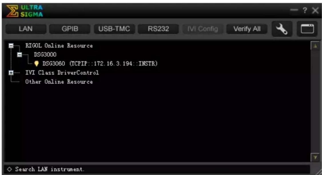 ULTRA SIGMA LAN GPIB USB-TMC RS232 IVI Config Verify All RIGOL Online Resource DSG3000 DSG3060 (TCPIP::172.16.3.194::INSTR) IVI Class DriverControl Other Online Resource Search LAN instrument.
