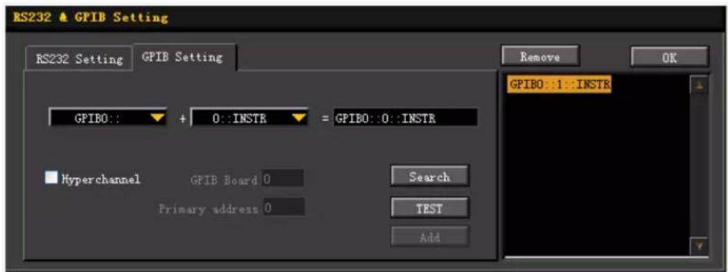 RS232 & GPIB Setting RS232 Setting GPIB Setting GPIBO:: + 0::INSTR = GPIBO::0::INSTR Hyperchannel GPIB Board 0 Primary address 0 Search TEST Add Remove OK GPIBO:1: INSTR