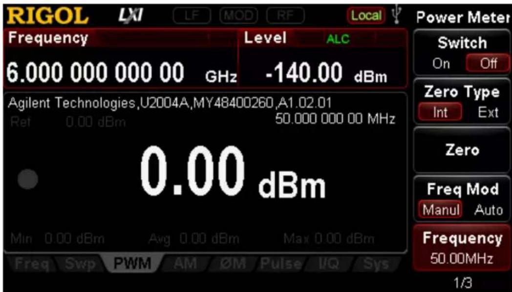 RIGOL LXI LF MOD RF Local Frequency Level ALC 6.000 000 000 00 GHz -140.00 dBm Agilent Technologies,U2004A,MY48400260,A1.02.01 Ref 0.00 dBm 50.000 000 00 MHz 0.00 dBm Min 0.00 dBm Avg 0.00 dBm Max 0.00 dBm Freq Swp PWM AM ∅M Pulse I/Q Sys Power Meter Switch On Off Zero Type Int Ext Zero Freq Mod Manul Auto Frequency 50.00MHz 1/3