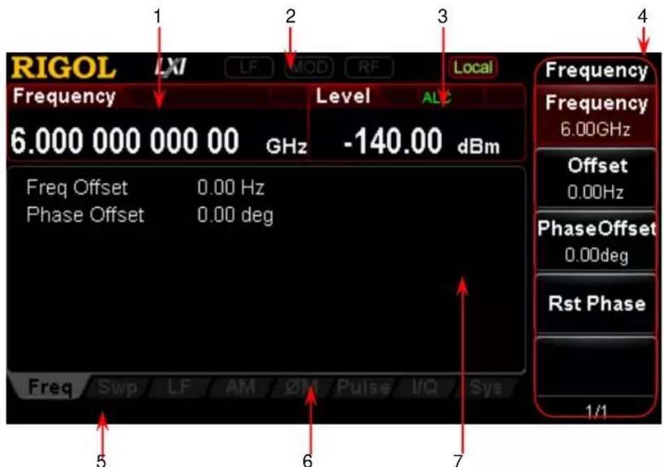 RIGOL LXI LF MOD RF Local Frequency 6.000 000 000 00 GHz Level -140.00 dBm Freq Offset 0.00 Hz Phase Offset 0.00 deg Freq Swp LF AM ØM Pulse I/Q Sys Frequency 6.00GHz Offset 0.00Hz PhaseOffset 0.00deg Rst Phase 1/1