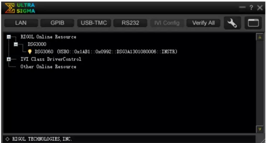 ULTRA SIGMA LAN GPIB USB-TMC RS232 IVI Config Verify All RIGOL Online Resource DSG3000 DSG3060 (USBO::0x1AB1::0x0992::DSG3A1301080006::INSTR) IVI Class DriverControl Other Online Resource RIGOL TECHNOLOGIES, INC.