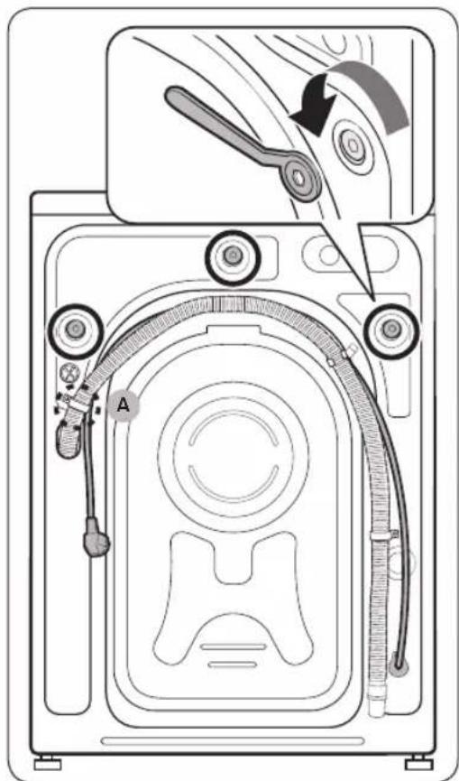 Technical diagram of a washing machine with labeled parts and a close-up view showing tool path and component details.