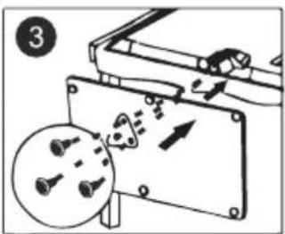 Diagram showing mechanical assembly with labeled parts and a magnified inset of bolt holes