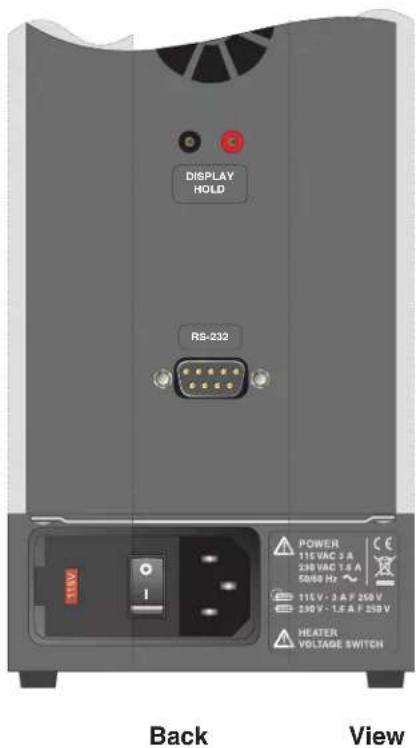 DISPLAY HOLD RS-232 115V POWER 115 VAC 3 A 230 VAC 1.8 A 50/60 Hz 115V - 3 A F 250 V 250 V - 1.6 A F 250 V HEATER VOLTAGE SWITCH Back View