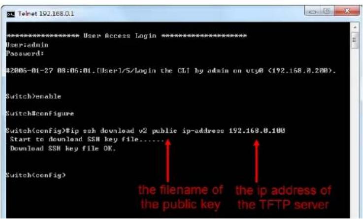 Telnet 192.168.0.1 ***************** User Access Login ****************** User:admin Password: #2006-01-27 08:06:01.[User]/5/Login the CLI by admin on uty0 (192.168.0.200). Switch>enable Switch#configure Switch(config)#ip ssh download v2 public ip-address 192.168.0.100 Start to download SSH key file…