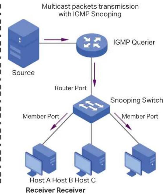 graph TD A["Source"] --> B["IGMP Querier"] B --> C["Router Port"] C --> D["Snooping Switch"] D --> E["Host A Host B Host C"] D --> F["Member Port"] D --> G["Member Port"] style A fill:#333,stroke:#fff,color:#fff style B fill:#999,stroke:#000,color:#fff style C fill:#999,stroke:#000,color:#fff style…