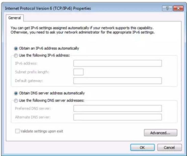 Internet Protocol Version 6 (TCP/IPv6) Properties General You can get IPv6 settings assigned automatically if your network supports this capability. Otherwise, you need to ask your network administrator for the appropriate IPv6 settings. Obtain an IPv6 address automatically Use the following IPv6 address: IPv6 address: Subnet prefix length: Default gateway: Obtain DNS server address automatically Use the following DNS server addresses: Preferred DNS server: Alternate DNS server: Validate settings upon exit Advanced... OK Cancel