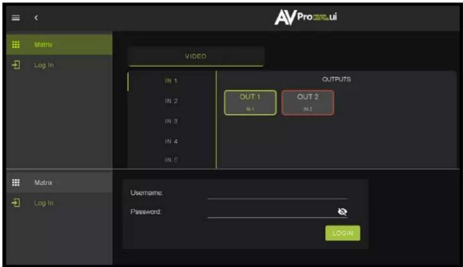 AVProctui Matrix LOG In VIDEO IN 1 IN 2 IN 3 IN 4 IN 5 OUTPUTS OUT 1 IN 1 OUT 2 IN 2 Matrix Log In Username: Password: LOGIN