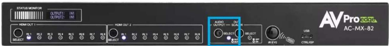 STATUS MONITOR OUTPUT1: IN1 OUTPUT2: IN1 HDMI OUT 1 IN 1 IN 2 IN 3 IN 4 IN 5 IN 6 IN 7 IN 8 SELECT HDMI OUT 2 IN 1 IN 2 IN 3 IN 4 IN 5 IN 6 IN 7 IN 8 SELECT AUDIO OUTPUT — SCAL R SELECT AUDIO OUTPUT — SCEL R SELECT IR EYE USB CTRL/ISP AVPro edge AC-MX-82