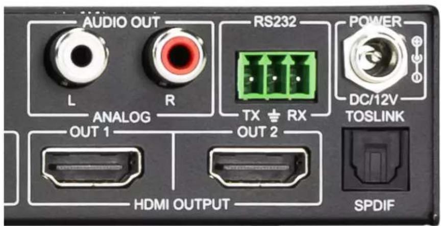 AUDIO OUT RS232 POWER L R TX ± RX ANALOG DC/12V TOSLINK OUT 1 OUT 2 HDMI OUTPUT SPDIF