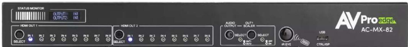 STATUS MONITOR OUTPUT1: IN1 OUTPUT2: IN1 HDMI OUT 1 IN 1 IN 2 IN 3 IN 4 IN 5 IN 6 IN 7 IN 8 SELECT HDMI OUT 2 IN 1 IN 2 IN 3 IN 4 IN 5 IN 6 IN 7 IN 8 SELECT AUDIO OUTPUT — OUT1 OUT1 — SCALEER SELECT SELECT OUT1 OFF ON IR EYE USB CTRL/ISP AVPro edge AC-MX-82