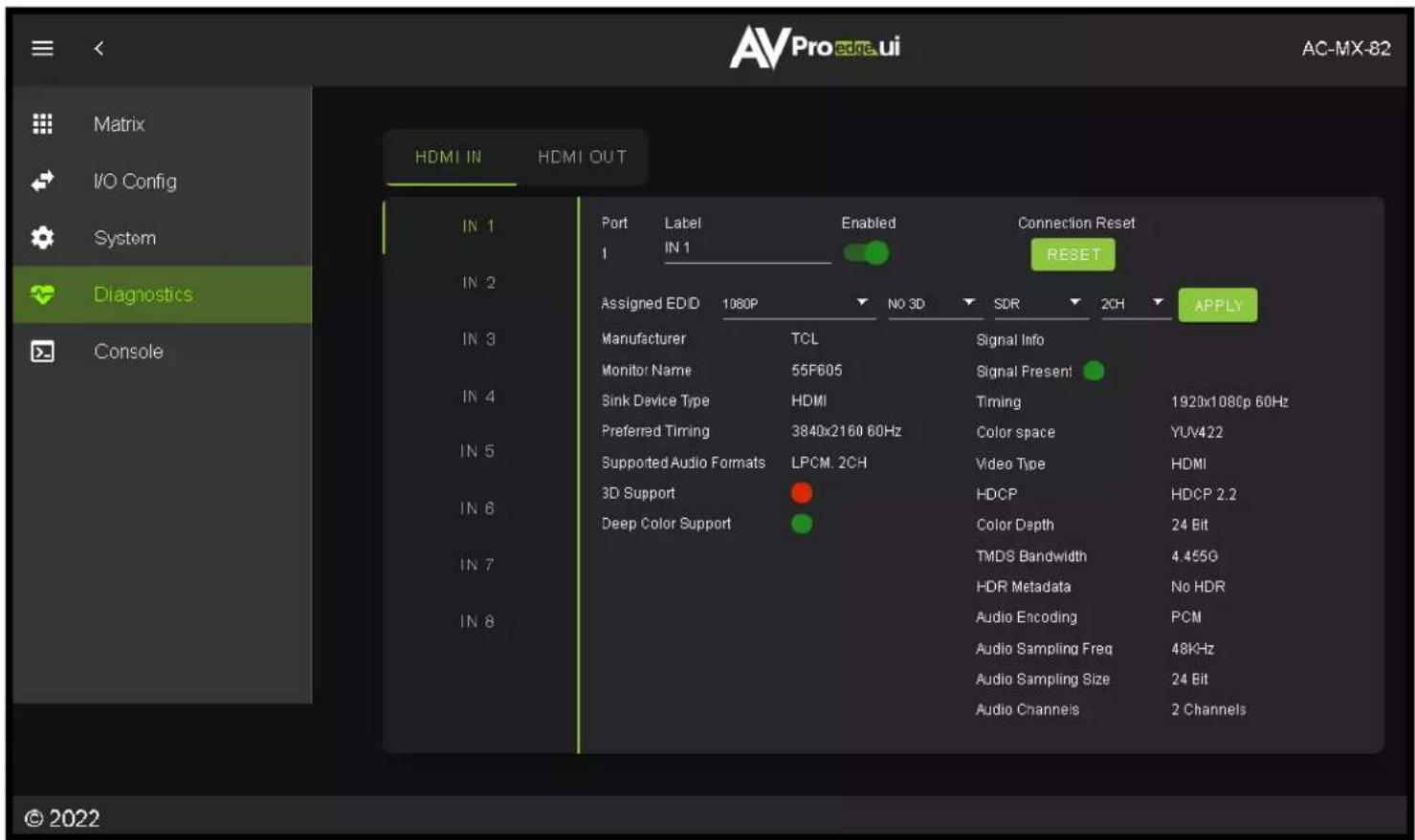 Matrix I/O Config System Diagnostics Console HDMI IN HDMI OUT IN 1 IN 2 IN 3 IN 4 IN 5 IN 6 IN 7 IN 8 Port Label Enabled Connection Reset 1 IN 1 RESET Assigned ED/D 1080P NO 3D SDR 2CH APPLY Manufacturer TCL Signal Info Monitor Name 55F605 Signal Present Sink Device Type HDMI Timing 1920x1080p 60Hz Preferred Timing 3840x2160 60Hz Color space YUV422 Supported Audio Formats LPCM. 2CH Video Type HDMI 3D Support HDCP HDCP 2.2 Deep Color Support Color Depth 24 Bit TMDS Bandwidth 4.455G HDR Metadata No HDR Audio Encoding PCM Audio Sampling Freq 48KHz Audio Sampling Size 24 Bit Audio Channels 2 Channels © 2022
