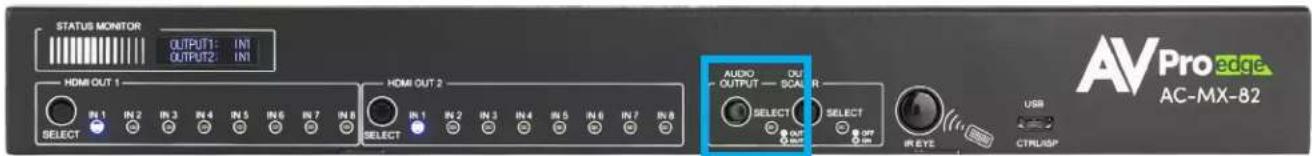 STATUS MONITOR OUTPUT1: IN1 OUTPUT2: IN1 HDMI OUT 1 IN 1 IN 2 IN 3 IN 4 IN 5 IN 6 IN 7 IN 8 SELECT HDMI OUT 2 IN 1 IN 2 IN 3 IN 4 IN 5 IN 6 IN 7 IN 8 SELECT AUDIO OUTPUT — SCAL R SELECT OUT ON Select OK IN EYE USB CTRL/ISP AVPro edge AC-MX-82