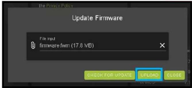the Privacy Policy Update Firmware File input firmware.fwm (17.8 MB) CHECK FOR UPDATE UPLOAD CLOSE