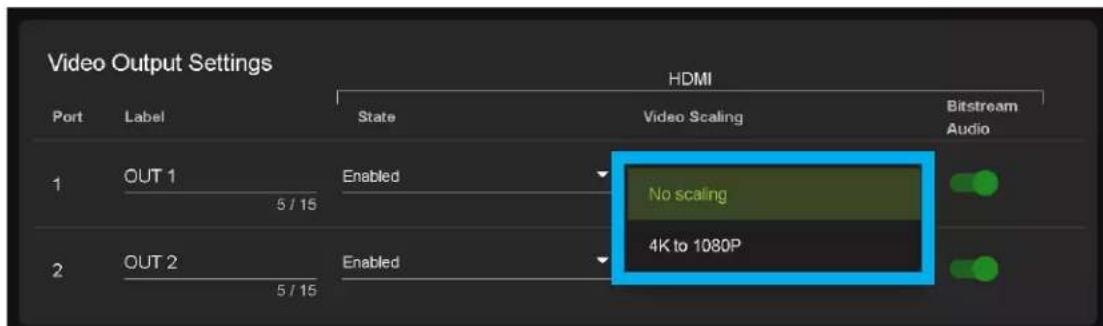 Video Output Settings HDMI Port Label State Video Scaling Bitstream Audio 1 OUT 1 Enabled No scaling 5 / 15 4K to 1080P 2 OUT 2 Enabled 5 / 15