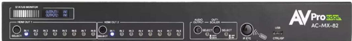 STATUS MONITOR OUTPUT1: IN1 OUTPUT2: IN1 HDMI OUT 1 IN 1 IN 2 IN 3 IN 4 IN 5 IN 6 IN 7 IN 8 SELECT HDMI OUT 2 IN 1 IN 2 IN 3 IN 4 IN 5 IN 6 IN 7 IN 8 SELECT AUDIO OUTPUT — OUT1 OUT1 — SCALEER SELECT SELECT OUT1 OFF IR EYE USB CTRL/SP AVPro edge AC-MX-82