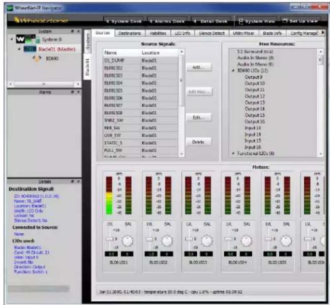 WheelNet-IP Navigator System Dock Alerms Dock Detail Deck System View Set Up View System System 0 Blade01 (Master) 8D600 Source Destinations Variables LED Info Sience Detect Utility Mixer Blade Info Config Manage Source Signals: Name Location OL_DUMP Blade01 BL00LS02 Blade01 BL00LS03 Blade01 BL00LS04 Blade01 BL00LS05 Blade01 BL00LS06 Blade01 BL00LS07 Blade01 BL00LS08 Blade01 MFBZ_SW Blade01 RFE_SW Blade01 LWR_STY Blade01 STATIC_S Blade01 FULL_SW Blade01 BL00LS09 BLU-5V Add... Add Now... Edit... Delete... Free Resources: 5.3 Surround In(s) Audio In Mono (R) Audio In Mono (R) BOMO LDOs (12) Output 9 Output 10 Output 11 Output 12 Output 13 Output 14 Output 15 Output 16 Input 18 Input 19 Input 20 Input 21 Input 22 Functional LDOs (R) Destination Signal: On Modbus(1.0.0.16) New: 18,NAF Location:Blade01 Width:LO Only Lock: No. Sleeve Detect: No. Connected to Source: None LDOs used: Black:Blade01; Cord: 4# Cnui: 21 Wire Input 6 Insert: No. Direction: Output Function Switch 1. Heters: OK BAL +18 -18 -40 -40 -40 -40 -40 -40 -40 -40 -40 -40 -40 -40 -40 -40 -40 -40 -40 -40 -40 -40 -40 Jin 01.20.32, 01/4/3/3 - temperature 39.8 deg C - cpu 1.8% - actime 93.39.62