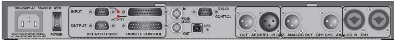 100-840V AC 50-60Hz 45W INPUT OUTPUT POWER ACTIVITY DELAYED RS232 REMOTE CONTROL IN WORD CLOCK OUT USB RS232 CONTROL OUT - AES/EBU - IN CH2 - ANALOG OUT - CH1 CH2 - ANALOG IN - CH1