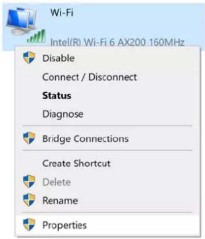 Wi-Fi Intel(R) Wi-Fi 6 AX200 160MHz Disable Connect / Disconnect Status Diagnose Bridge Connections Create Shortcut Delete Rename Properties