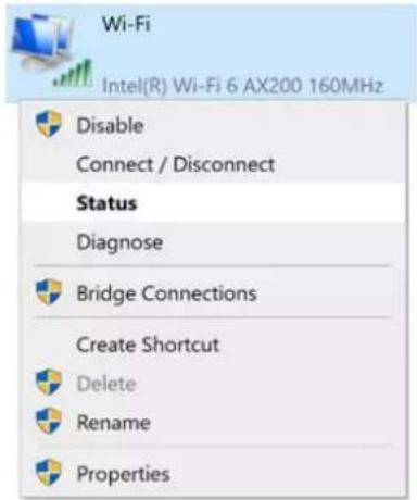 Wi-Fi Intel(R) Wi-Fi 6 AX200 160MHz Disable Connect / Disconnect Status Diagnose Bridge Connections Create Shortcut Delete Rename Properties