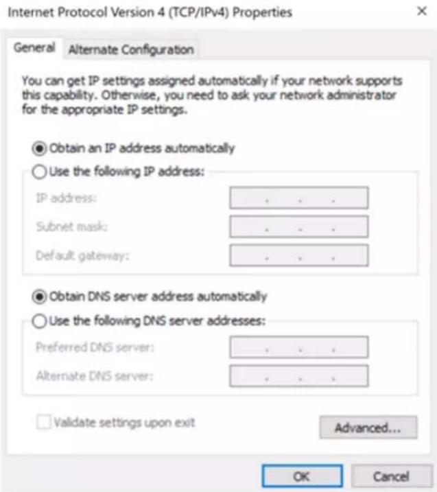 Internet Protocol Version 4 (TCP/IPv4) Properties General Alternate Configuration You can get IP settings assigned automatically if your network supports this capability. Otherwise, you need to ask your network administrator for the appropriate IP settings. ● Obtain an IP address automatically ○ Use…
