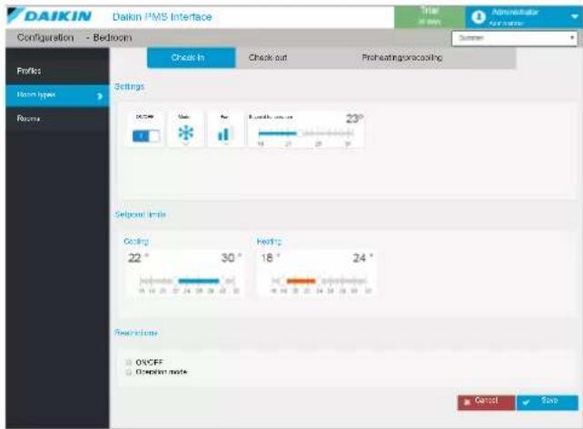 DAIKIN PMS Interface Configuration - Bedroom Check In Check out Preheating/procoding Settings 23°C 5000000 Electricity unit 23° Select limit Cooling 22 ° 30 ° Heating 18 ° 24 ° Restriction ON/OFF Operation mode Administrator Air name Cancel Save