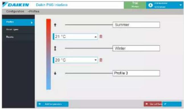 DAIKIN Configuration - Profiles Profiles Room type Routes ↑ Summer 21 °C ↓ Winter 20 °C ↓ Profile 3 Add Temperature Control Panel