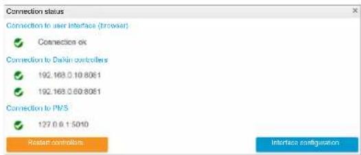 Connection status Connection to user Interface (browser) Connection ok Connection to Dakin controllers 192.163.0.10.8061 192.163.0.60.8061 Connection to PWS 127.0.6.1.5010 Reset controls Interface configuration