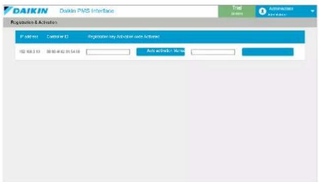 DAIKIN DAIKIN PMS Interface Registration & Activation IP address Cancel ID Registration key activation key Activated 102 683.110 005-402 31:54:58 Auto activation Menu