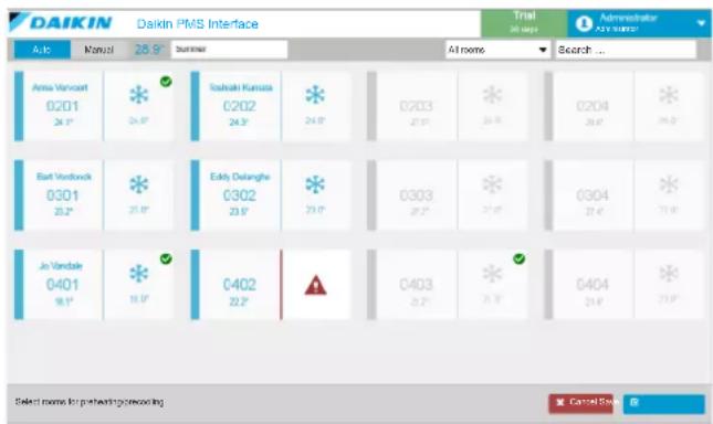 DAIKIN DAIKIN PMS Interface Trial 20 steps Administrator A#15 Manzal 26.9° summer At name Search ... Anna Vanvoort 0201 24.3° 24.8° Ioshaki Kamata 0202 24.3° 24.8° 0203 27.3° 24.8° 0204 28.6° 24.8° Bart Verdovock 0301 25.2° 25.8° Eddy Delanghe 0302 23.5° 25.8° 0303 27.3° 24.8° 0304 27.6° 25.8° Jo Vandale 0401 18.3° 18.8° 0402 22.2° 0403 27.3° 24.8° 0404 27.6° 25.8° Select name for prehearing precoding